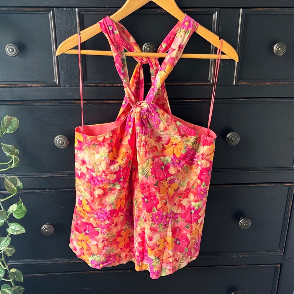 NWT Skies Are Blue size L Bright Coral Dressy Tank with Tie on Neck and Back